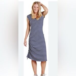 Toad&Co Organic Cotton Samba Muse Navy/White Striped Dress w Side Cinch, Pocket